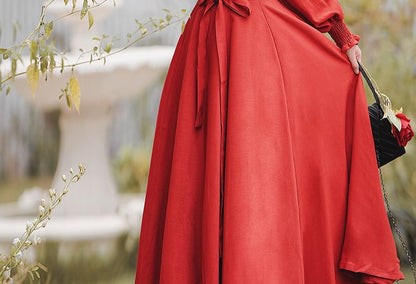 Long-Sleeve Mandarin Collar Blouse / High Waist Sashed Midi A-Line Skirt / Set