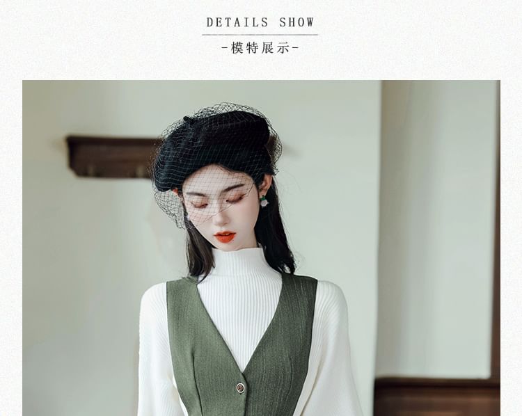 Set: Long-Sleeve Mock Neck Plain Ribbed Knit Top + V-Neck Button Front Midi A-Line Jumper Dress + Belt