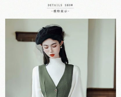 Set: Long-Sleeve Mock Neck Plain Ribbed Knit Top + V-Neck Button Front Midi A-Line Jumper Dress + Belt