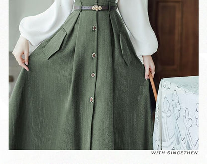 Set: Long-Sleeve Mock Neck Plain Ribbed Knit Top + V-Neck Button Front Midi A-Line Jumper Dress + Belt