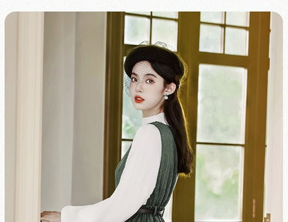 Set: Long-Sleeve Mock Neck Plain Ribbed Knit Top + V-Neck Button Front Midi A-Line Jumper Dress + Belt