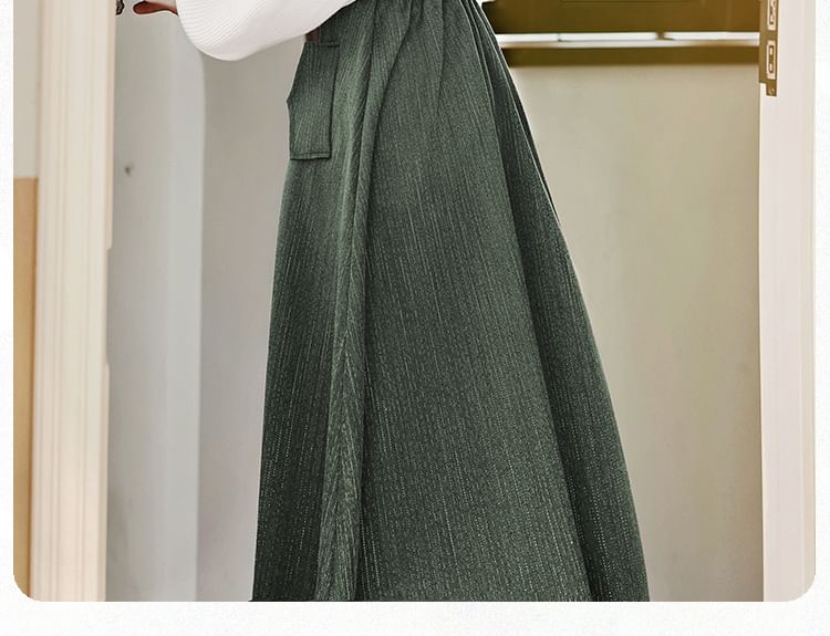 Set: Long-Sleeve Mock Neck Plain Ribbed Knit Top + V-Neck Button Front Midi A-Line Jumper Dress + Belt