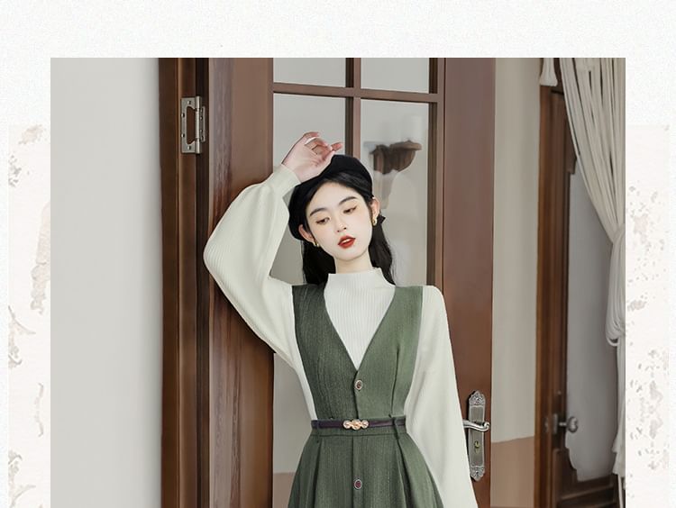 Set: Long-Sleeve Mock Neck Plain Ribbed Knit Top + V-Neck Button Front Midi A-Line Jumper Dress + Belt