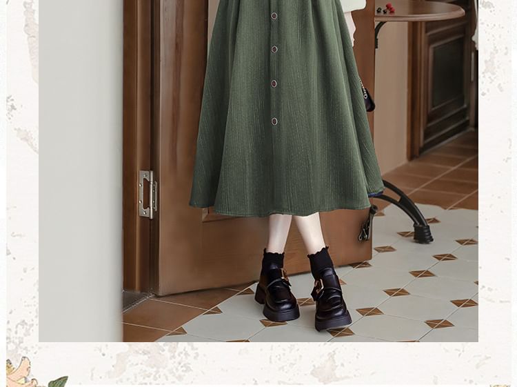 Set: Long-Sleeve Mock Neck Plain Ribbed Knit Top + V-Neck Button Front Midi A-Line Jumper Dress + Belt