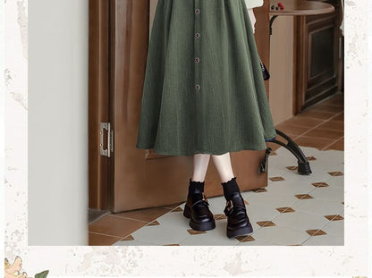 Set: Long-Sleeve Mock Neck Plain Ribbed Knit Top + V-Neck Button Front Midi A-Line Jumper Dress + Belt