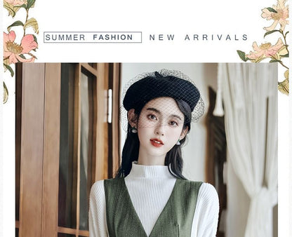 Set: Long-Sleeve Mock Neck Plain Ribbed Knit Top + V-Neck Button Front Midi A-Line Jumper Dress + Belt