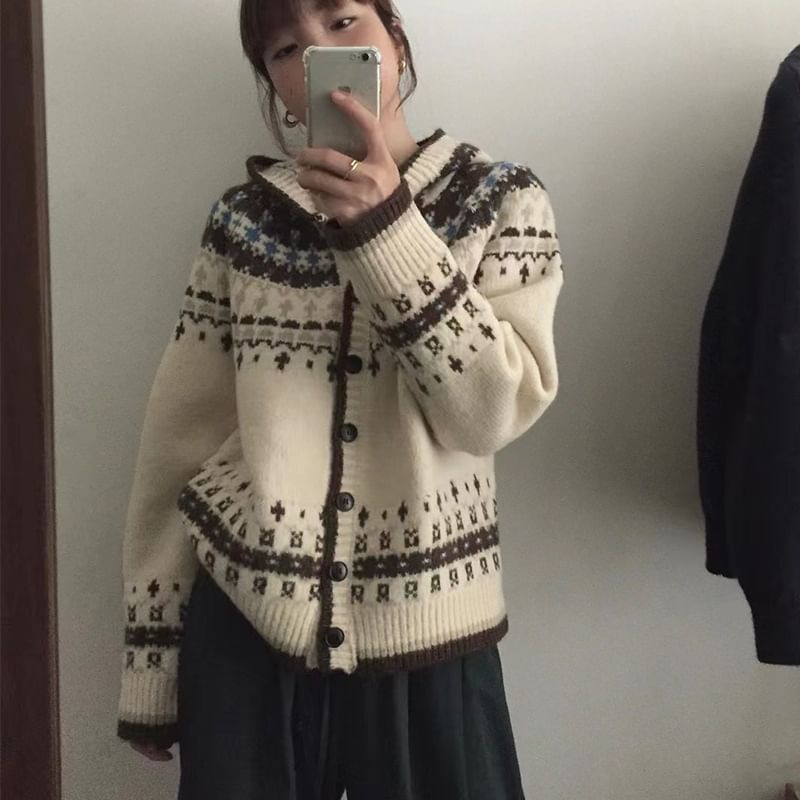 Patterned Hooded Cardigan