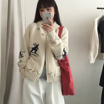 Deer Print Hooded Zip Cardigan