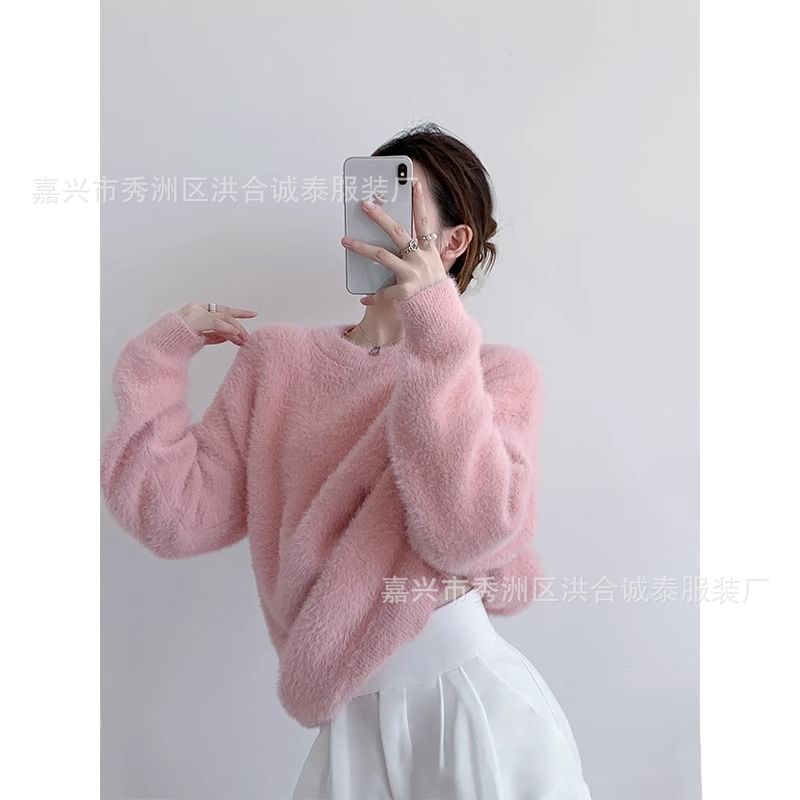 Round Neck Plain Fluffy Sweater