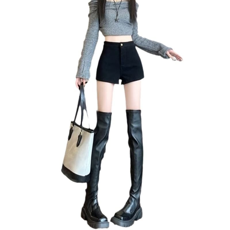 High Waist Plain Fleece-Lined Denim Shorts