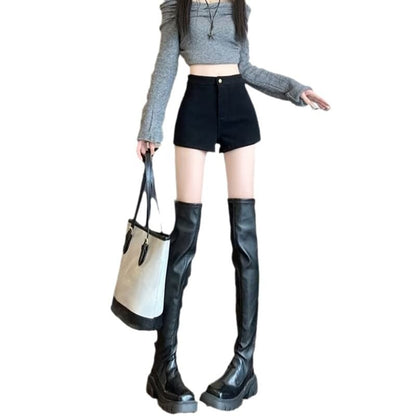 High Waist Plain Fleece-Lined Denim Shorts