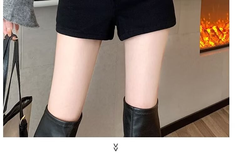 High Waist Plain Fleece-Lined Denim Shorts