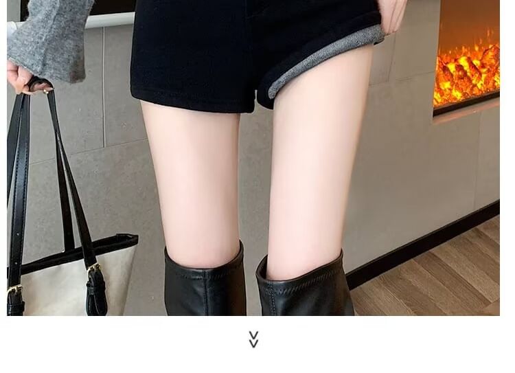 High Waist Plain Fleece-Lined Denim Shorts