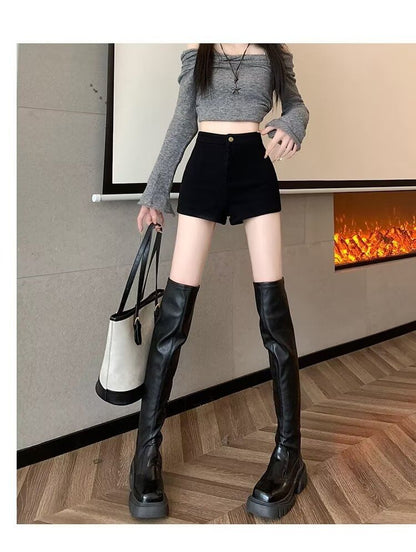 High Waist Plain Fleece-Lined Denim Shorts