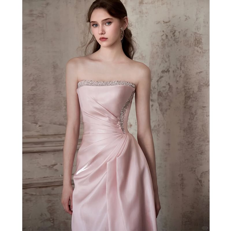 Gown Evening Strapless Plain A-Line Ruched