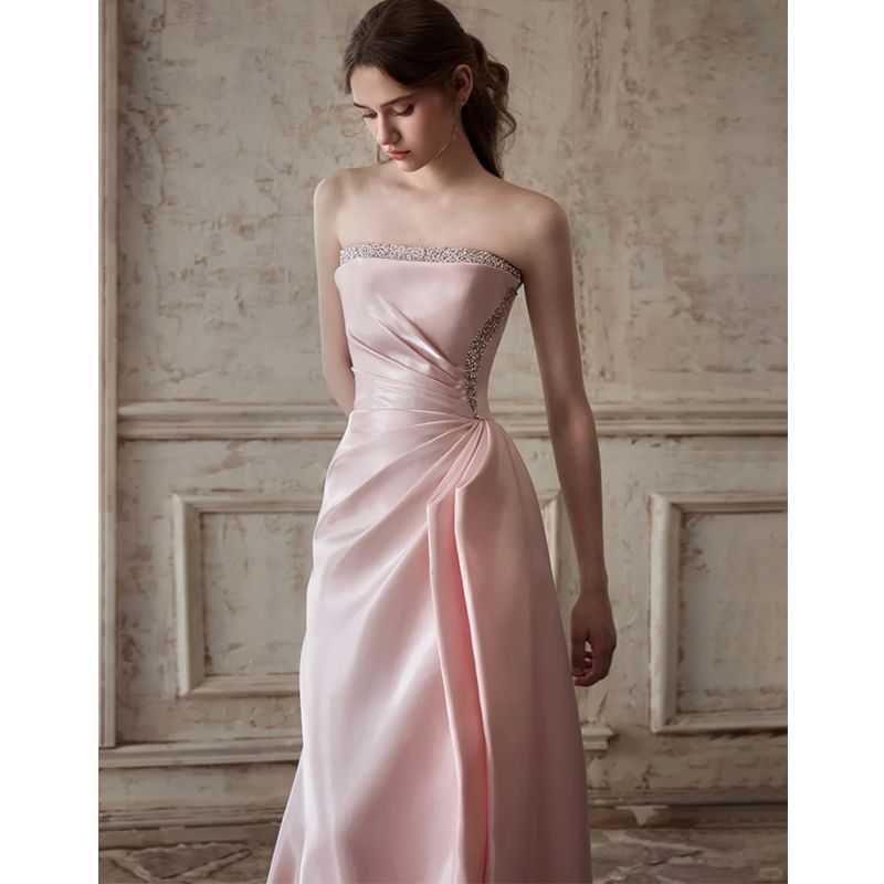 Gown Evening Strapless Plain A-Line Ruched