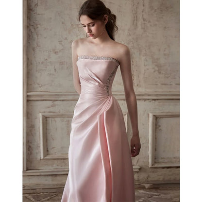Gown Evening Strapless Plain A-Line Ruched