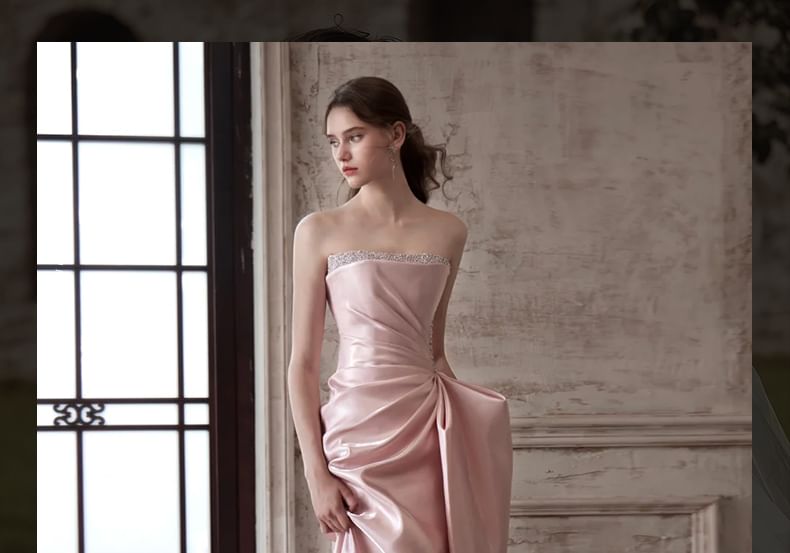 Gown Evening Strapless Plain A-Line Ruched