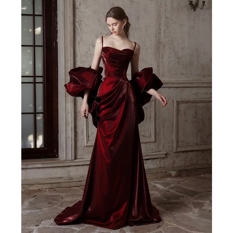 Puff-Sleeve Cold-Shoulder Plain Ruched Trumpet Evening Gown