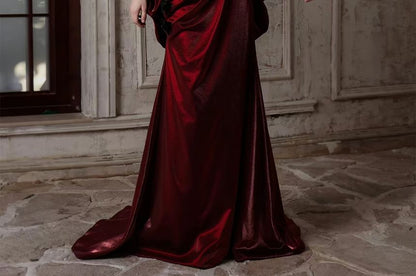 Puff-Sleeve Cold-Shoulder Plain Ruched Trumpet Evening Gown