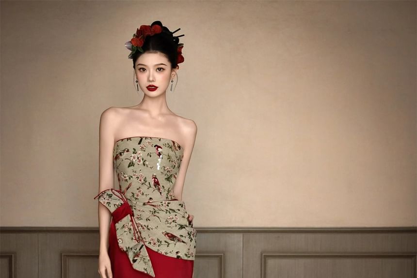 Gown Floral Strapless Bow Evening Sheath