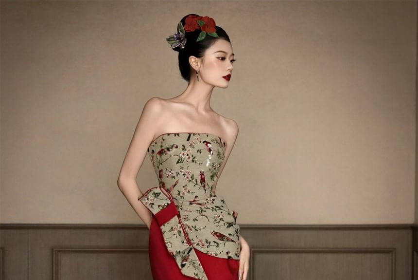 Gown Floral Strapless Bow Evening Sheath