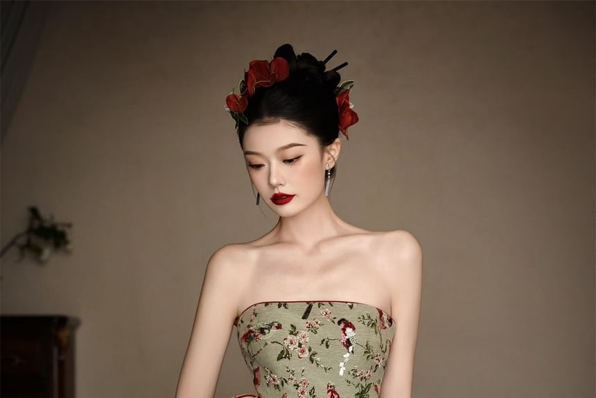 Gown Floral Strapless Bow Evening Sheath