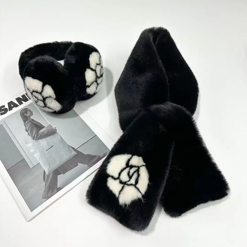 Floral Fluffy Ear Muffs / Scarf / Bow Print Ear Muffs / Scarf / Set