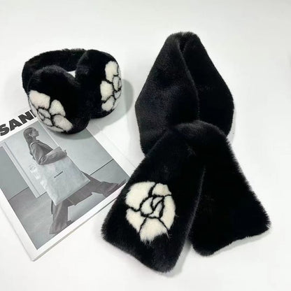 Floral Fluffy Ear Muffs / Scarf / Bow Print Ear Muffs / Scarf / Set