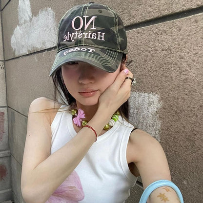 Letter Embroidered Camo Print Baseball Cap