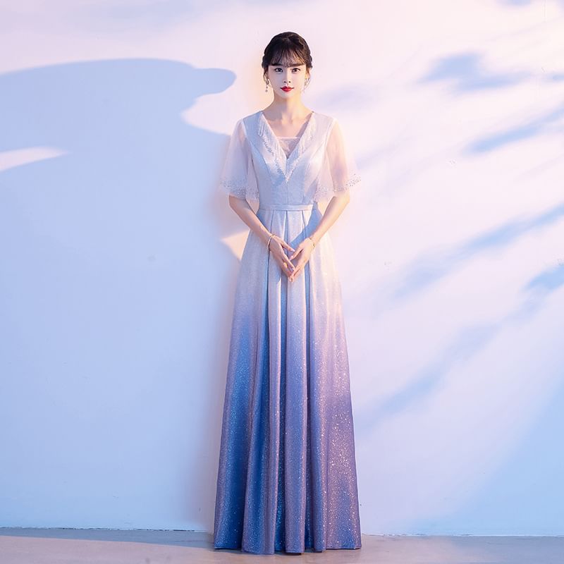 Elbow-Sleeve V-Neck Gradient Rhinestone Accent Fringed Pleated A-Line Evening Gown