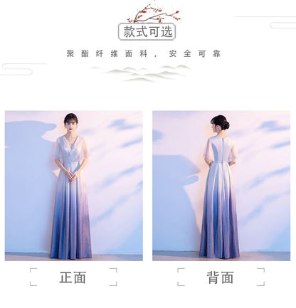 Elbow-Sleeve V-Neck Gradient Rhinestone Accent Fringed Pleated A-Line Evening Gown