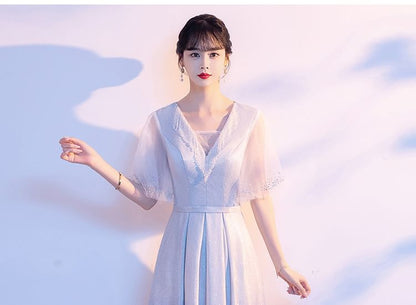 Elbow-Sleeve V-Neck Gradient Rhinestone Accent Fringed Pleated A-Line Evening Gown