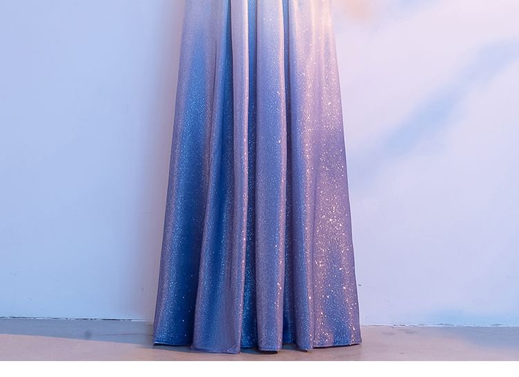 Elbow-Sleeve V-Neck Gradient Rhinestone Accent Fringed Pleated A-Line Evening Gown