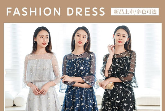 3/4-Sleeve Crew Neck Floral Embroidered Sheer Midi A-Line Cocktail Dress