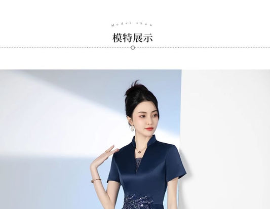 Short-Sleeve Stand Collar Sequin Embroidered Midi A-Line Cocktail Dress