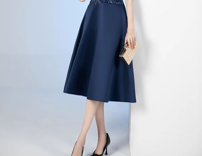 Short-Sleeve Stand Collar Sequin Embroidered Midi A-Line Cocktail Dress