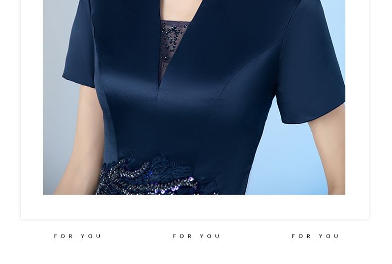 Short-Sleeve Stand Collar Sequin Embroidered Midi A-Line Cocktail Dress