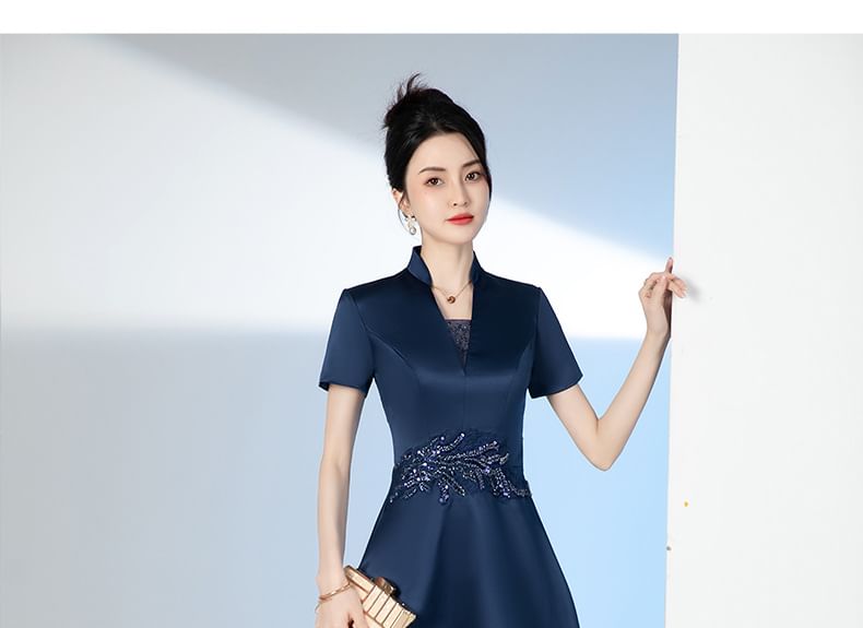 Short-Sleeve Stand Collar Sequin Embroidered Midi A-Line Cocktail Dress