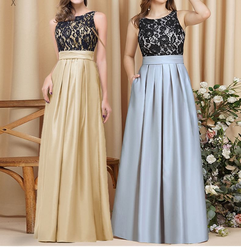 Open Evening Gown Pleated Panel Crew A-Line Back Lace Sleeveless Neck