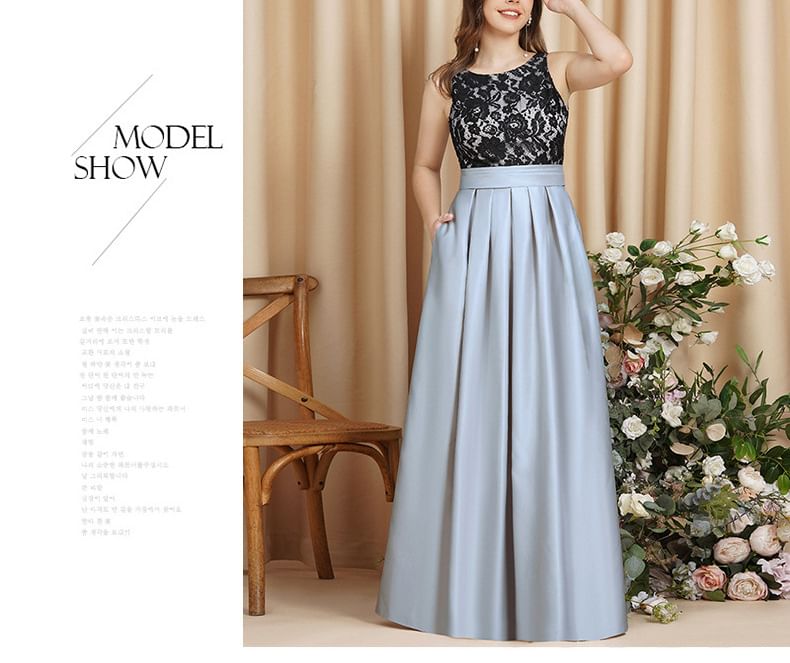 Open Evening Gown Pleated Panel Crew A-Line Back Lace Sleeveless Neck