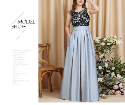 Open Evening Gown Pleated Panel Crew A-Line Back Lace Sleeveless Neck