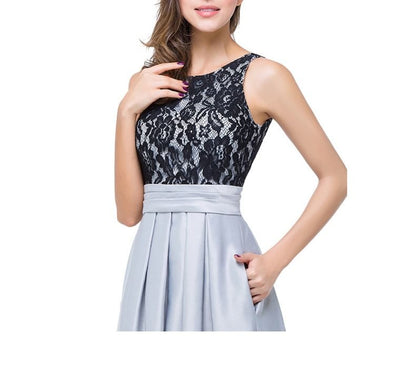 Open Evening Gown Pleated Panel Crew A-Line Back Lace Sleeveless Neck