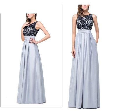 Open Evening Gown Pleated Panel Crew A-Line Back Lace Sleeveless Neck