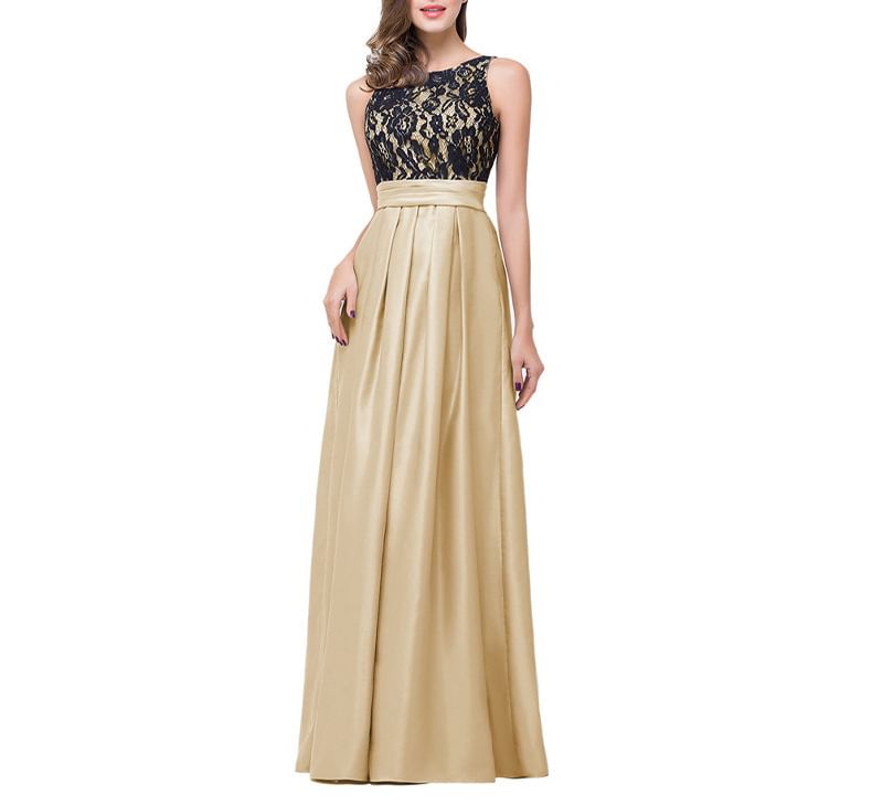 Open Evening Gown Pleated Panel Crew A-Line Back Lace Sleeveless Neck