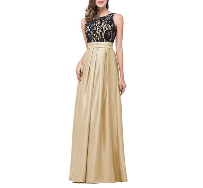 Open Evening Gown Pleated Panel Crew A-Line Back Lace Sleeveless Neck