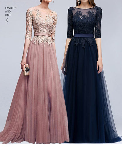 Floral 3/4-Sleeve Boat Mesh Back Gown Evening A-Line Open Embroidered Neck