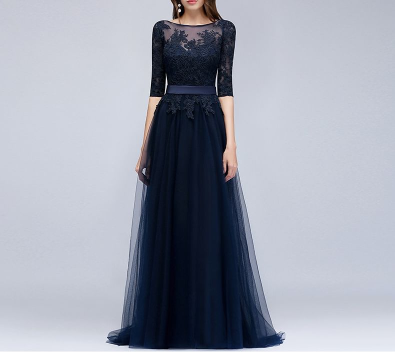 Floral 3/4-Sleeve Boat Mesh Back Gown Evening A-Line Open Embroidered Neck