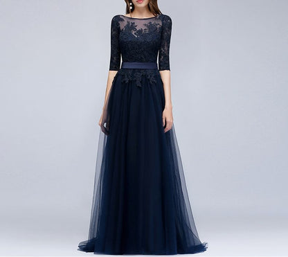 Floral 3/4-Sleeve Boat Mesh Back Gown Evening A-Line Open Embroidered Neck