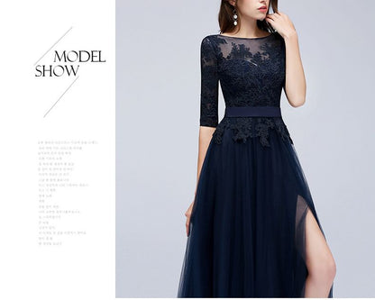 Floral 3/4-Sleeve Boat Mesh Back Gown Evening A-Line Open Embroidered Neck